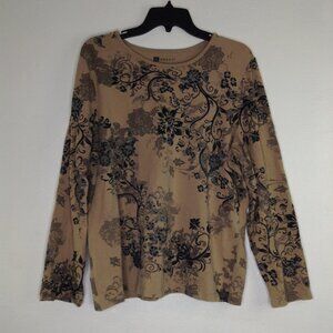Koret Long Sleeve Women's XL Brown Floral Print Round Neck Cotton Spandex